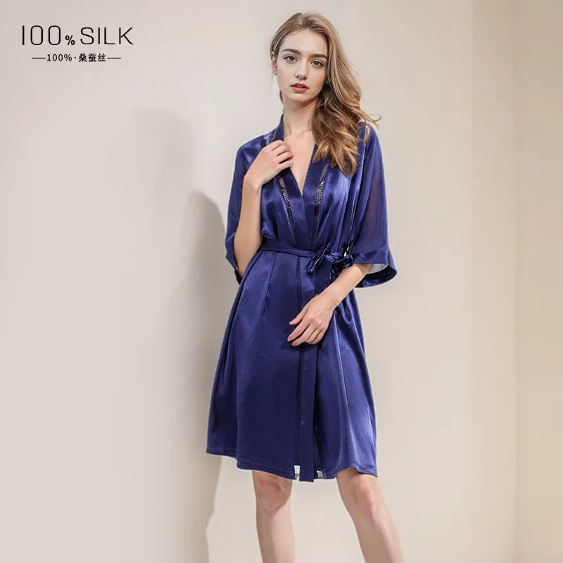 Midi Silk Nightgown 100% Mulberry Silk Sheer Lace Robe Sexy Nightwear Bathrobe Morning Gown Half Sleeves Satin Robes Lingerie