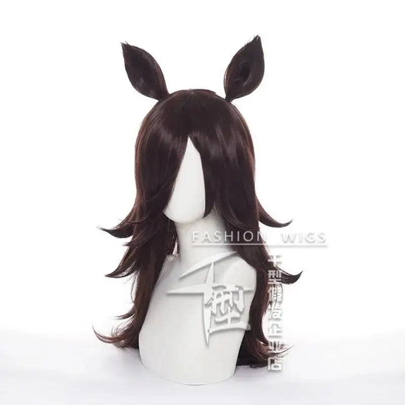 Umamusume Pretty Derby Rice Shower Wig With Ears Cosplay Costume Heat Resistant Synthetic Hair Women Dark Brown Long Wigs