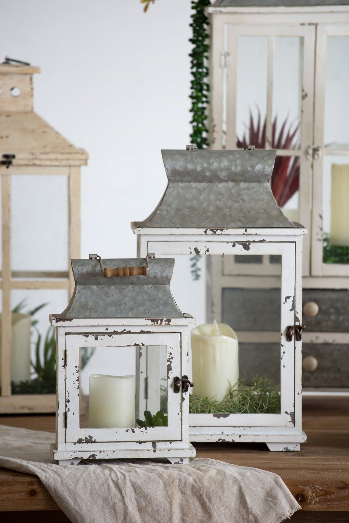 Set of 2 White Wood & Metal Hurricane Candle Lanterns