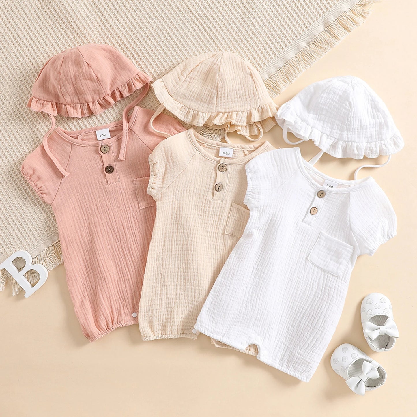 Baby Solid Color Clothes Set Short-sleeved Crew Neck Chest Pocket Jumpsuit Romper with Lace Hat for Summer