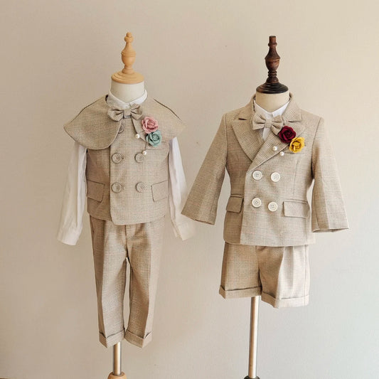 Boys Formal Plaid Suit khaki Baby Daptism Dress Set Child Wedding Birthday Party Photography Costume Kids Clothes High quality