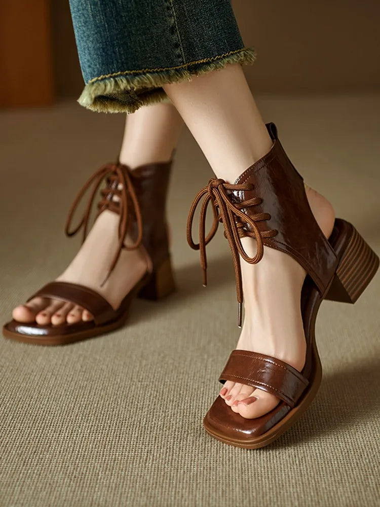 Fashion Ladies Elegant Mid Heel Open Toe Genuine Leather Women Summer Retro French Style Leisure Thick Lace Up Sandals Shoes