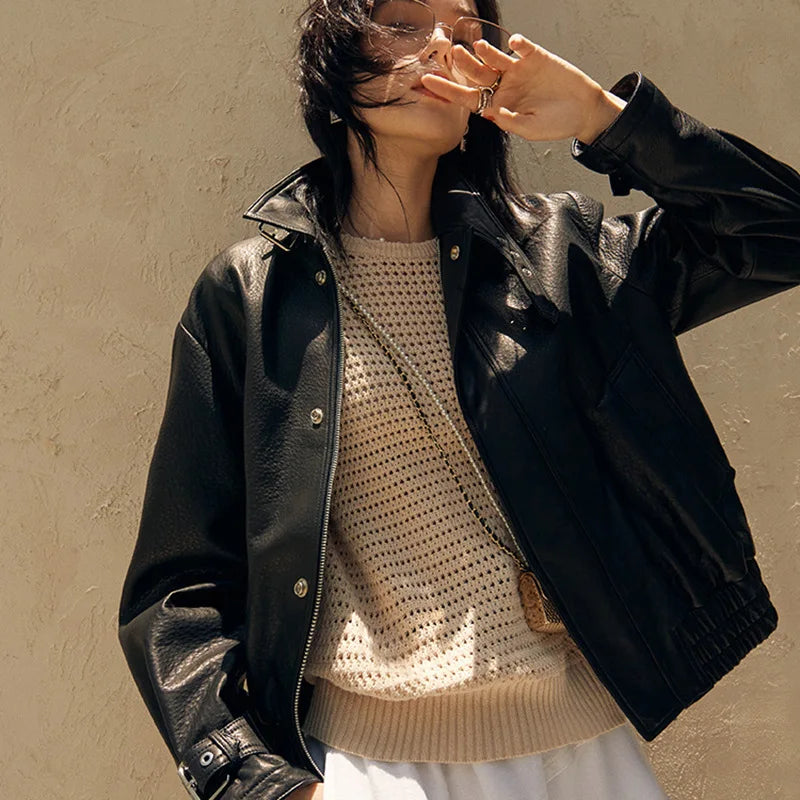 Leather Jacket for Women Short Silm Harajuku Locomotive Casacos Feminino Foamed Sheepskin Single-Breasted Square Collar Outwears