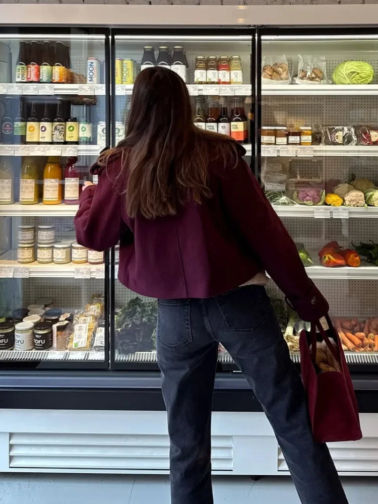 2025 Burgundy Wool Coat Off Women Fashionable Short Double Breasted Lapel Long Sleeve Elegant Autumn Commuting Outerwear Offical