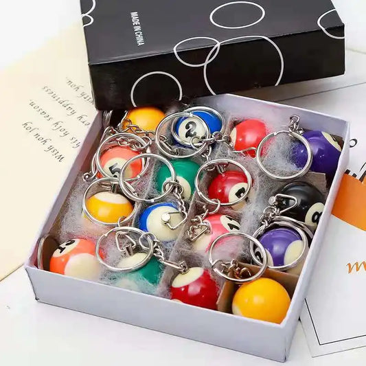 16pcs/Set Mini Billiards Shaped Keyring Assorted Colorful Billiards Pool Small Ball Keychain Creative Hanging Decorations