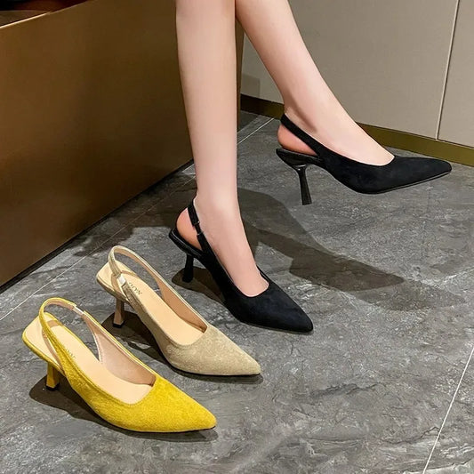 French Style Women's High Heels 2025 Summer New Elegant Faux Suede Leather Pointed Sexy Party Sandals Single Shoes Plus Size 43