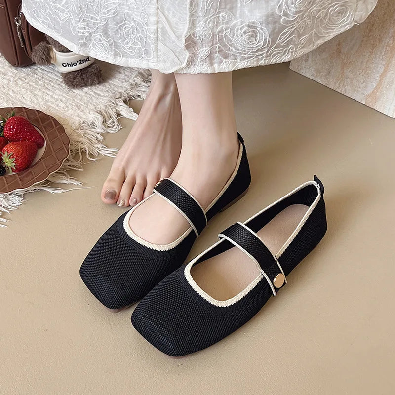 New Women's Single Shoes Fashion Square Toe Comfortable Mesh Flat Loafers Buckle Strap Woven Shoes Breathable Casual Soft Sole