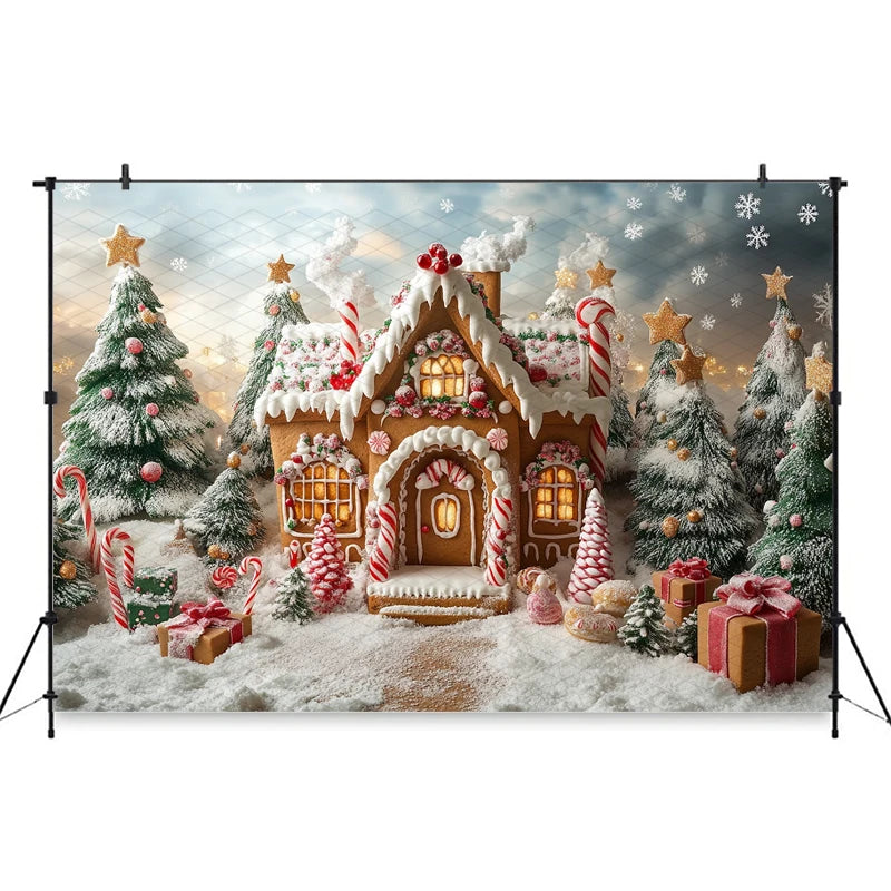 Mocsicka Christmas House Photography Background Xmas Tree Candy Gifts Snowflake Decorations Party Child Photo Backdrop Wallpaper