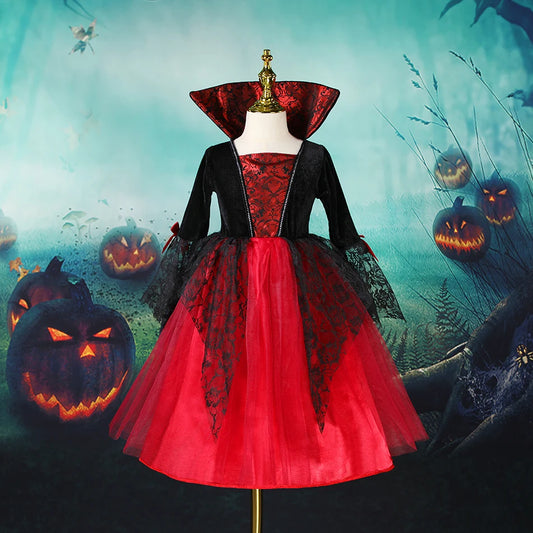 Baby Girls Halloween Witch Costume Children Cosplay Vampire Princess Dresses Kids Dress Up Clothes With Hat Carnival Party Gift