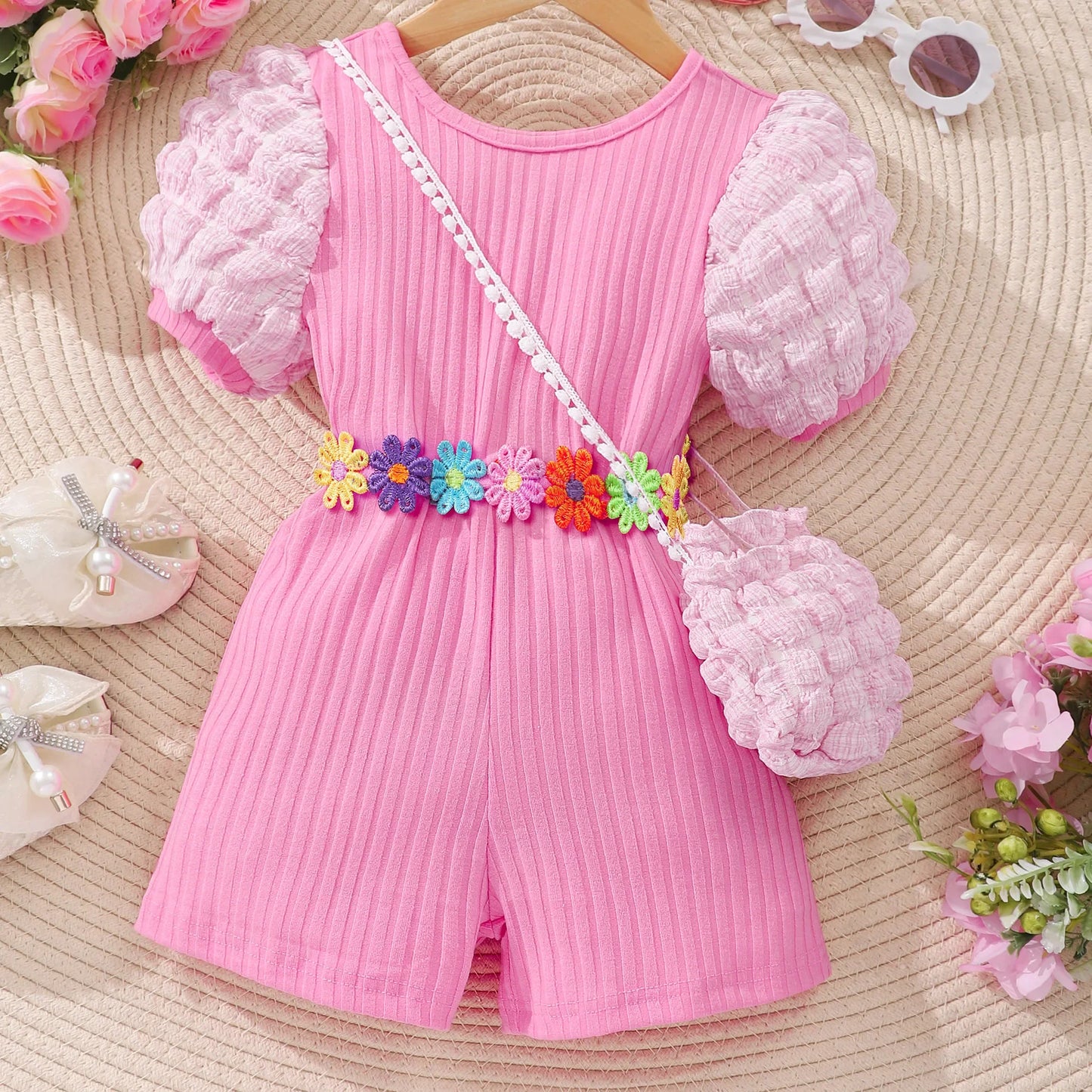 【Free Bag】 KIds Girl Jumpsuit Baby Girl Set Summer Short Sleeve Shorts Leisure Beach Children Clothes Floral Belt Outfit 2-7 Yrs