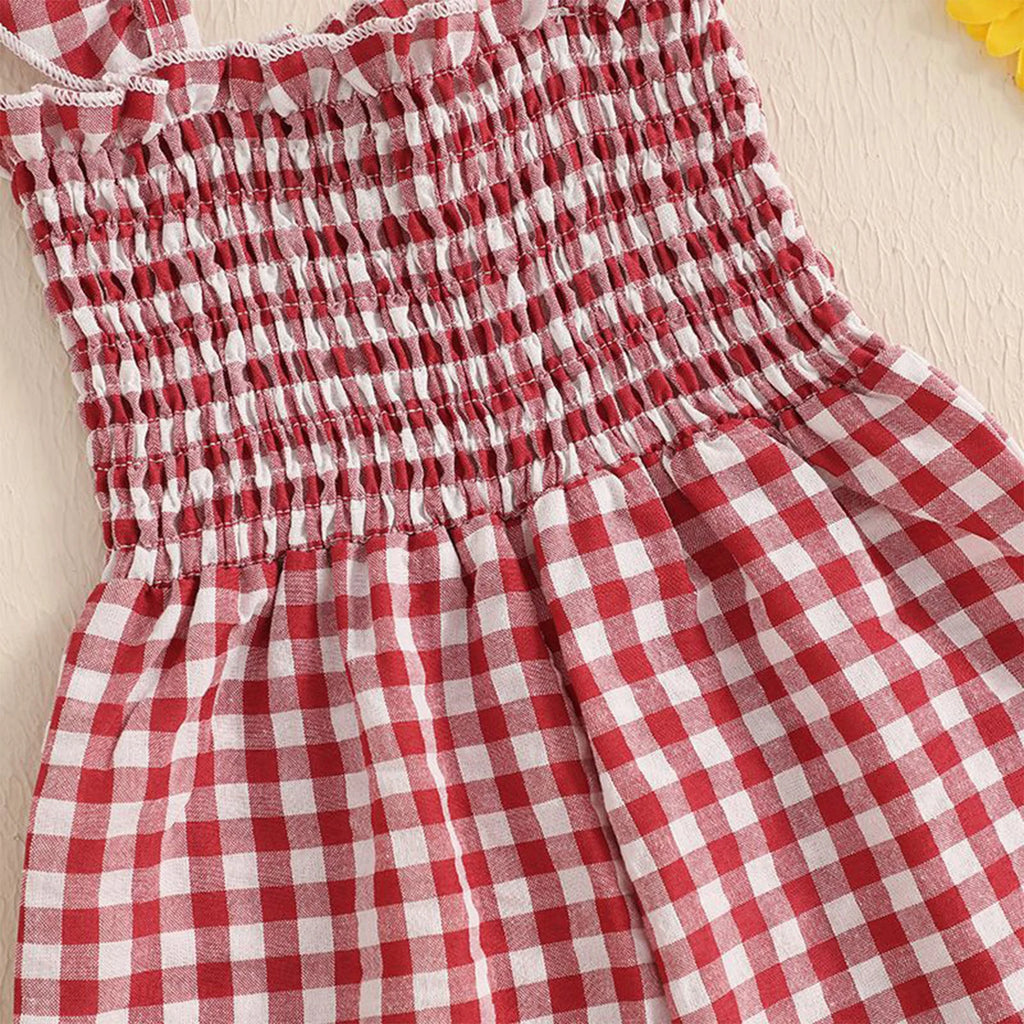 Toddler Baby Girls Summer Clothes Sweet Plaid Bodysuit Fly Sleeves Smocked Rompers Wide Leg Jumpsuit Holiday Party Daily Wear
