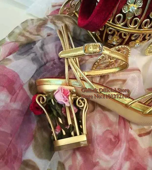 Luxury Bird Cage Women Sandals Gold Metallic Leather Strappy Sandals Floral Flower Ankle Strap Celebrate Bride Party Shoes 8.5cm