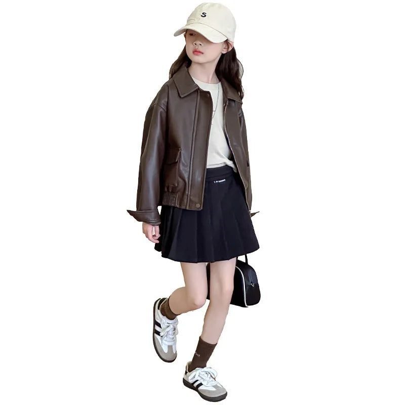 2025 autumn spring Girls Leather Jacket PU Fashion Casual Windproof Teenager Kids Coats Brown Trendy Outerwear 8 12 13 14 Years