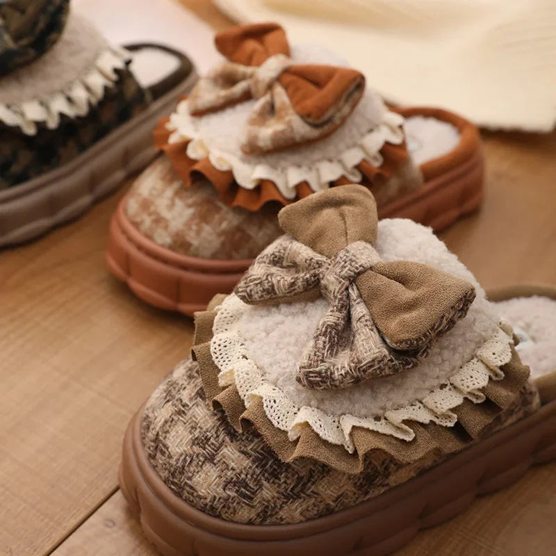 Women Winter Fashion Butterfly-Knot House Slippers Ladies Warm Flat Casual Shoes Female Soft Outdoor Versatile Bow Footwear