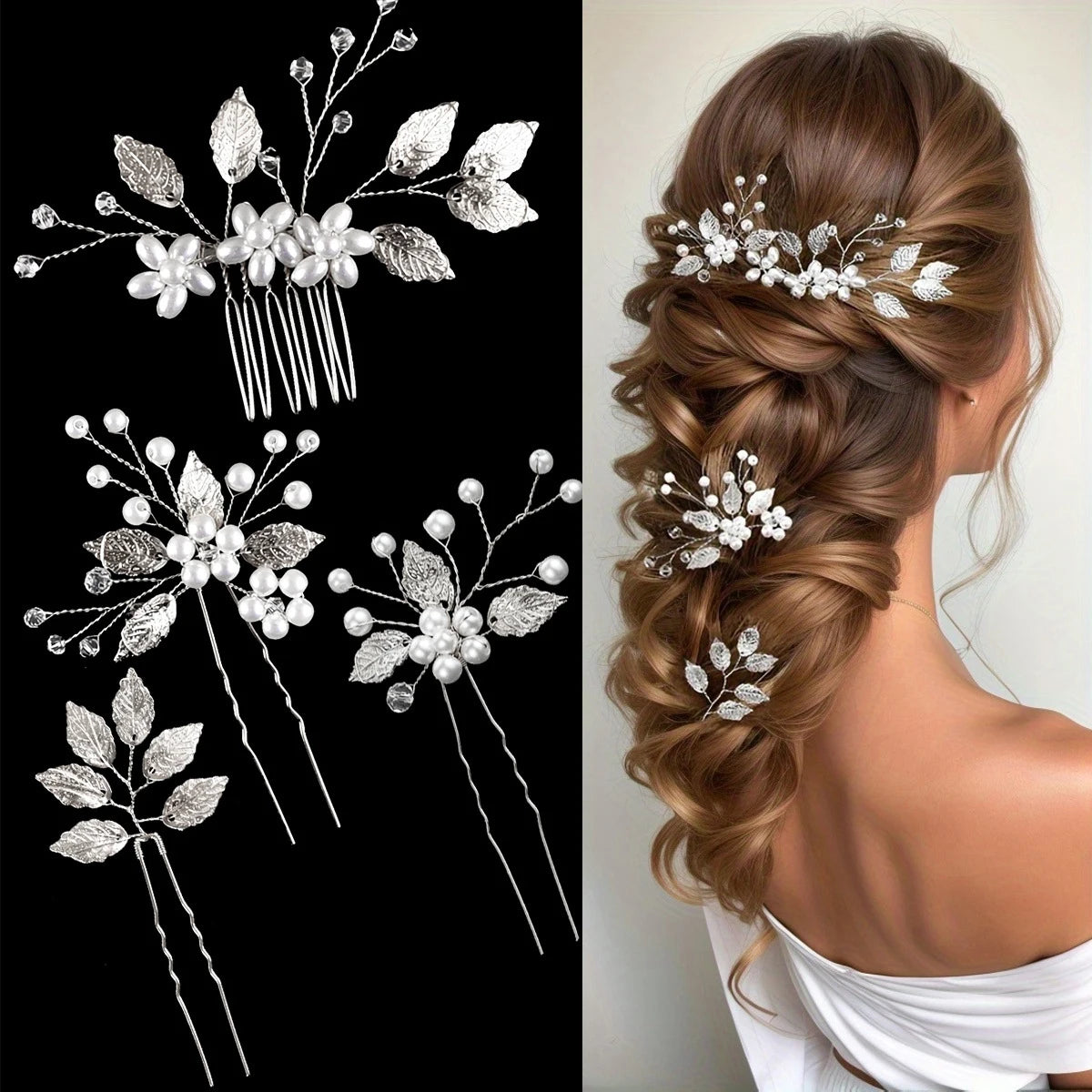 4Pcs Flower Hairpin Set Wedding Side Combs Leaf Shaped Tiaras Bride Hair Clips Jewelry Fashion Headwear for Bridal Party