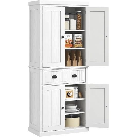 Kitchen pantry cabinet for home use, MDF material, white color, freestanding tall storage with adjustable shelves