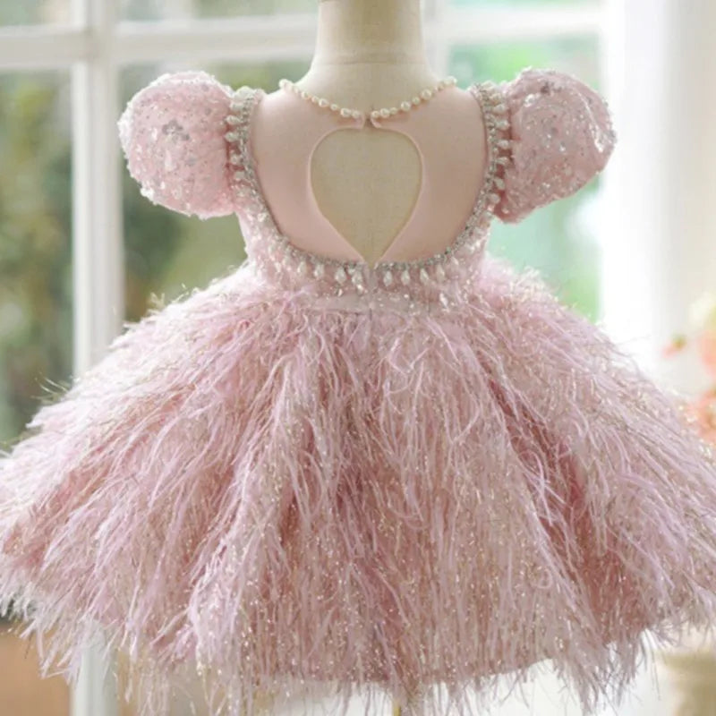 Fashion Baby Girl Princess Sequins Feather Dress Puffy Sleeve Toddler Child Pearl Vestido Party Birthday Baby Clothes 2-14Y