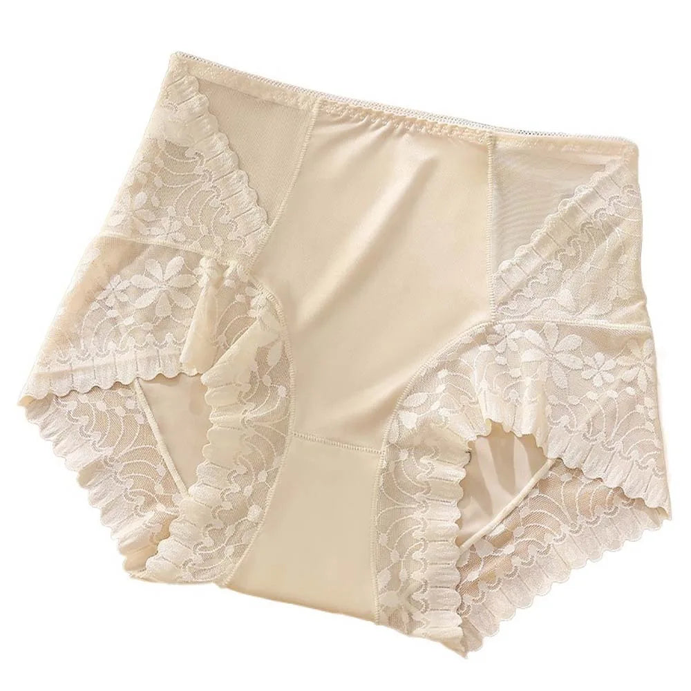 Satin Women Silk Panties Lingeries Belly Contracting Plus Size Briefs High Waist Solid Color Ice Silk Lace Underpants Girls