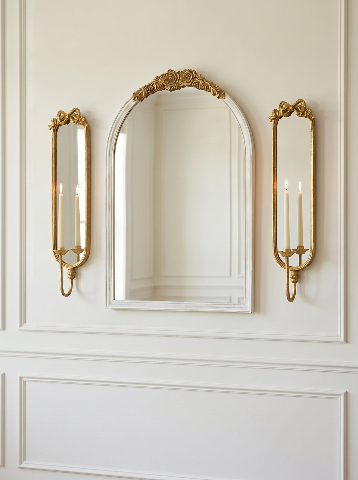 Set of 2 Gold Mirrored Wall Sconces with Iron Candle Holders