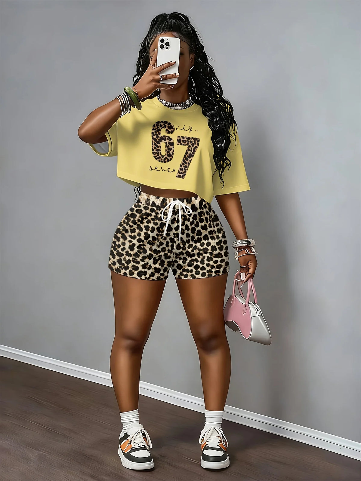 2026 New Short-Sleeve T-Shirt Set Crew Neck Casual Retro Print Hip-Hop Trend Crop Top Two-Piece Set Outdoor Sports Set