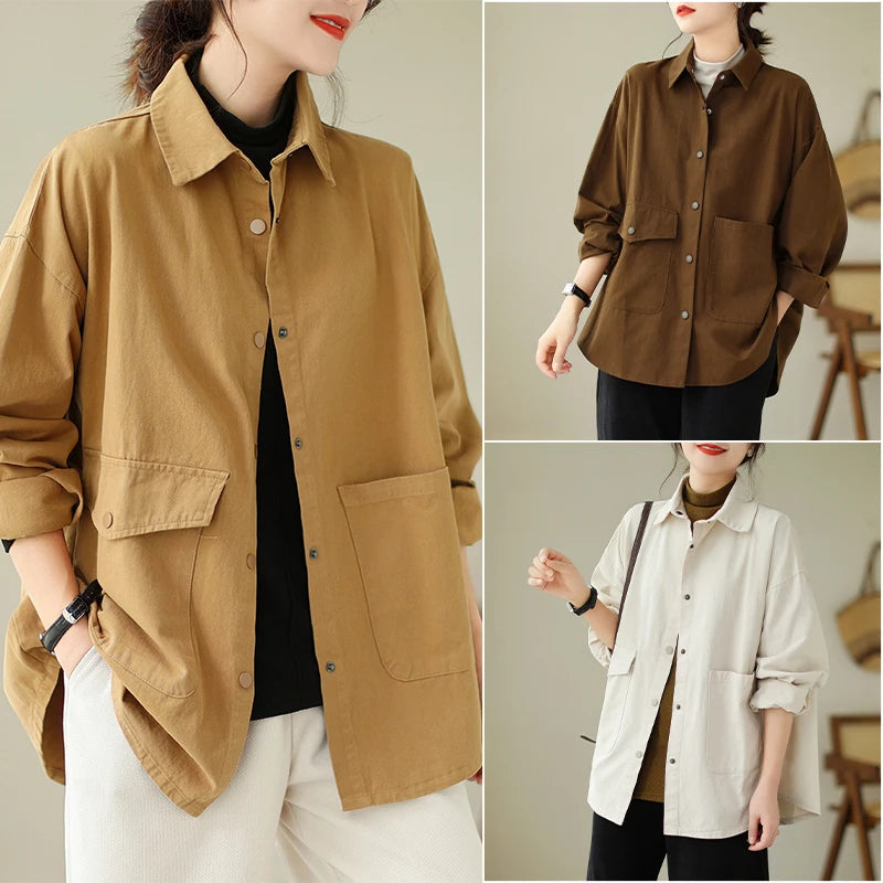 Cotton Linen Jacket Women Loose Thin Casual Trench Coat Korean Fashion Autumn Long-sleeved Shirt Oversize Blouse Camisa Feminina