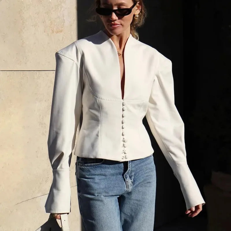 2025 Autumn New Waist-closed Blazer Coat Women's V-neck Long Sleeve Buttons Slim Short Coat Fashion Office Lady Blazer