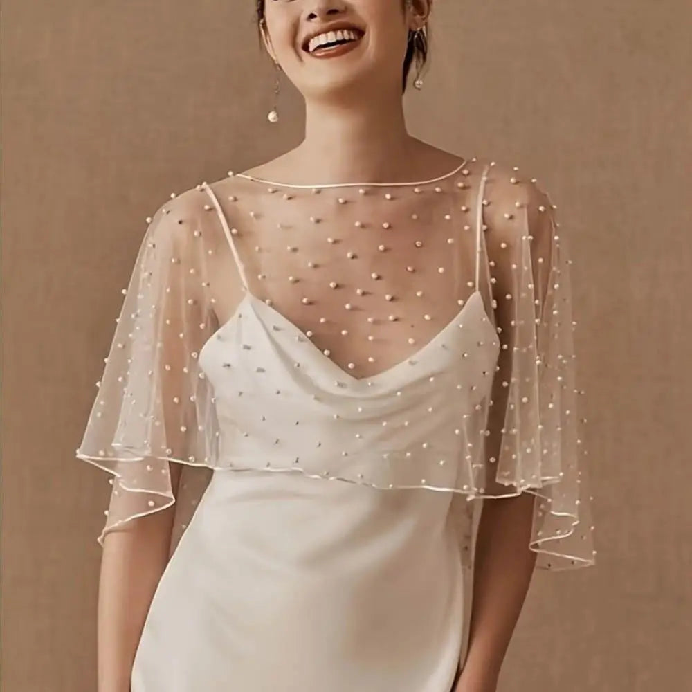 White Tulle Net Shawl For Bride Short Front Long Back See-Through Pearl Bead Wrap Short Sleeve With Plain Silk Edge Wedding Cape