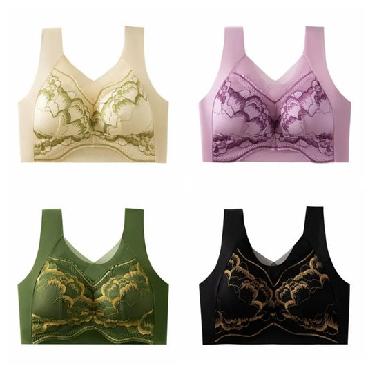 Fashion Plus Size Lace Flower Bra Shockproof Anti-sagging Wireless Deep V Bra Lingerie Close-fitting Underwear for Women Sports