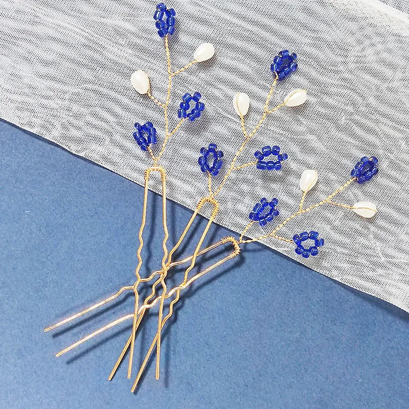 3PCS Women Blue Color Flower Hairpin Stick Wedding Bridal Crystal Pearl Hairpin U Shaped Hair Clip Barrettes Hair Accessories