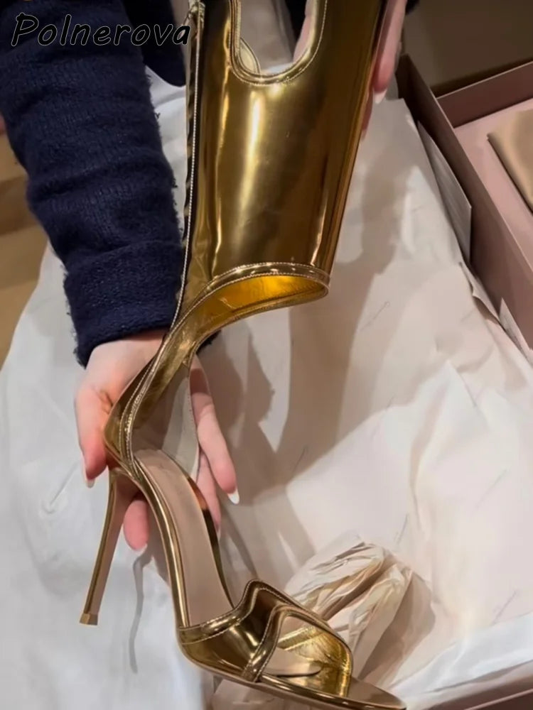 Wave Shape Straight Strap Sandals Ankle Band Silvery Gold Back Zipper Leather Shoes Summer Sexy Stiletto Fashion Sandals 2025