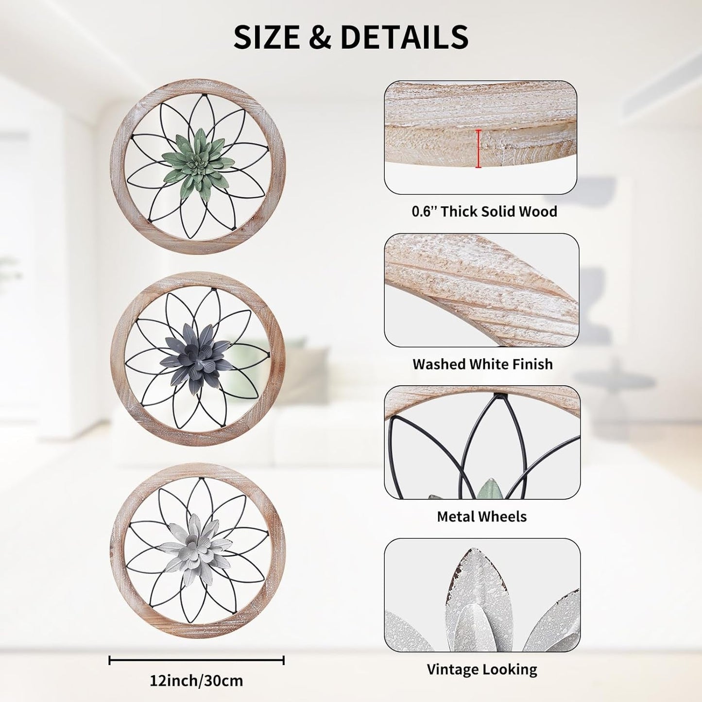 Round Farmhouse Wall Decor Set With Interchangeable Metal Flowers