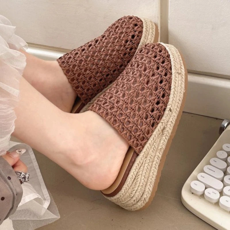 Women Platform Mules Slippers Weave Summer Mesh Shoes Casual Slingback Sandals New 2025 Fashion Hollow Woman Flip Flops Zapatos