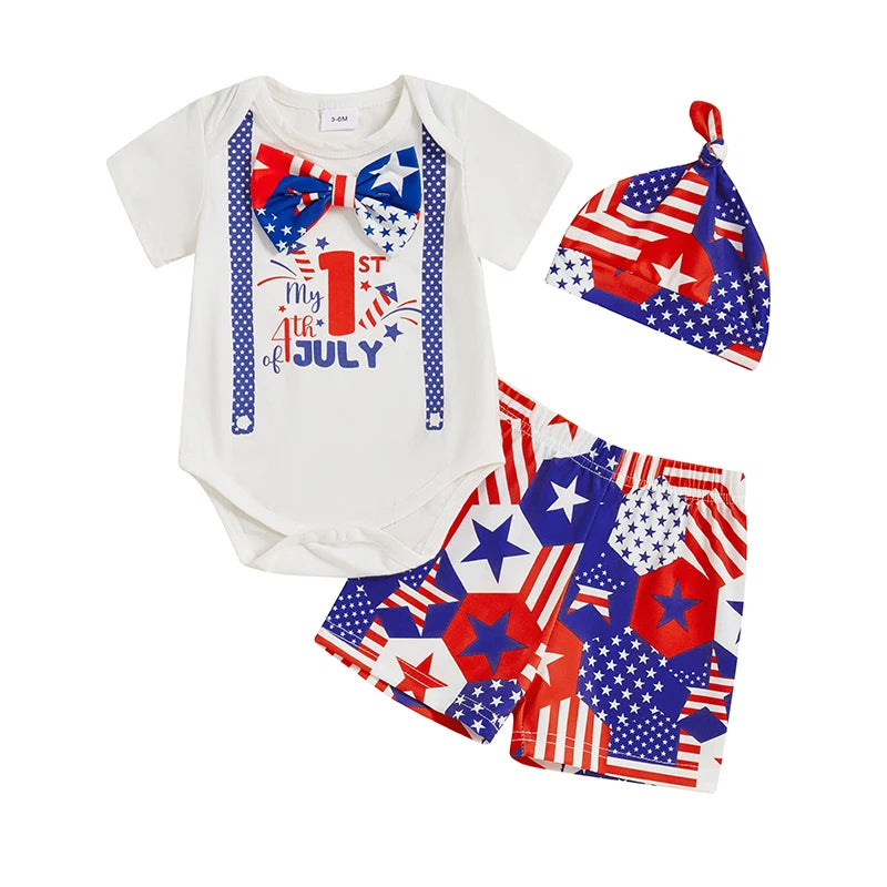 Baby Boys Patriotic Outfit Short Sleeve Jumpsuit and Elastic Star Stripe Shorts and Hat Set 3 Piece Clothes Set