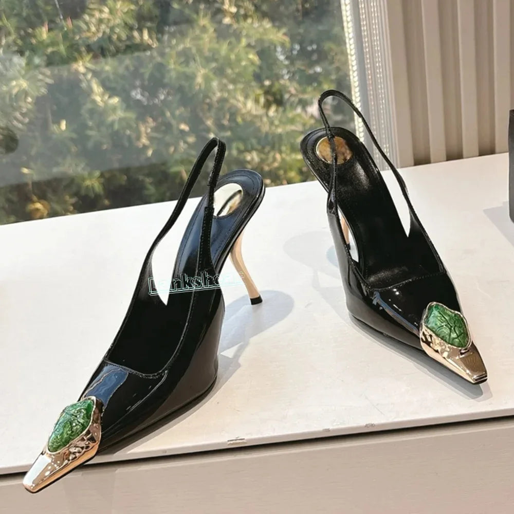 Metal Rhinestone Pointed Toe Women Sandals Gold Strange Heels Stilettos Slingback Sexy Summer Women Shoes Sexy Catwalk Dress