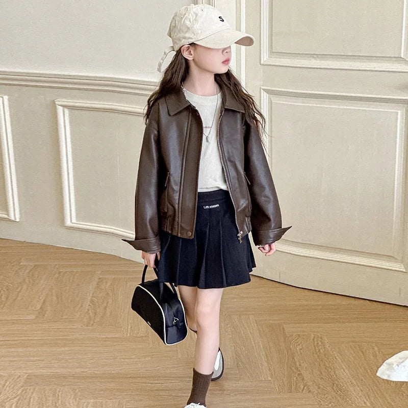 2025 autumn spring Girls Leather Jacket PU Fashion Casual Windproof Teenager Kids Coats Brown Trendy Outerwear 8 12 13 14 Years