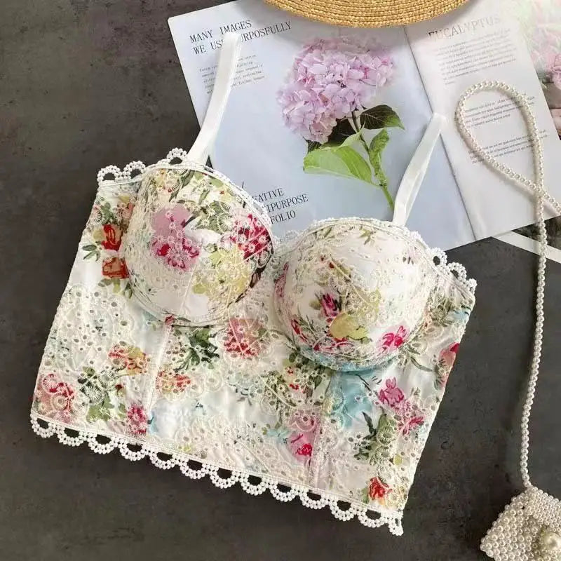 Women Sexy Floral printed Corset Tank Top Nightclub Party Short Chest Binder Camisole Girl Push Up Bustier Lady Bra Lingerie