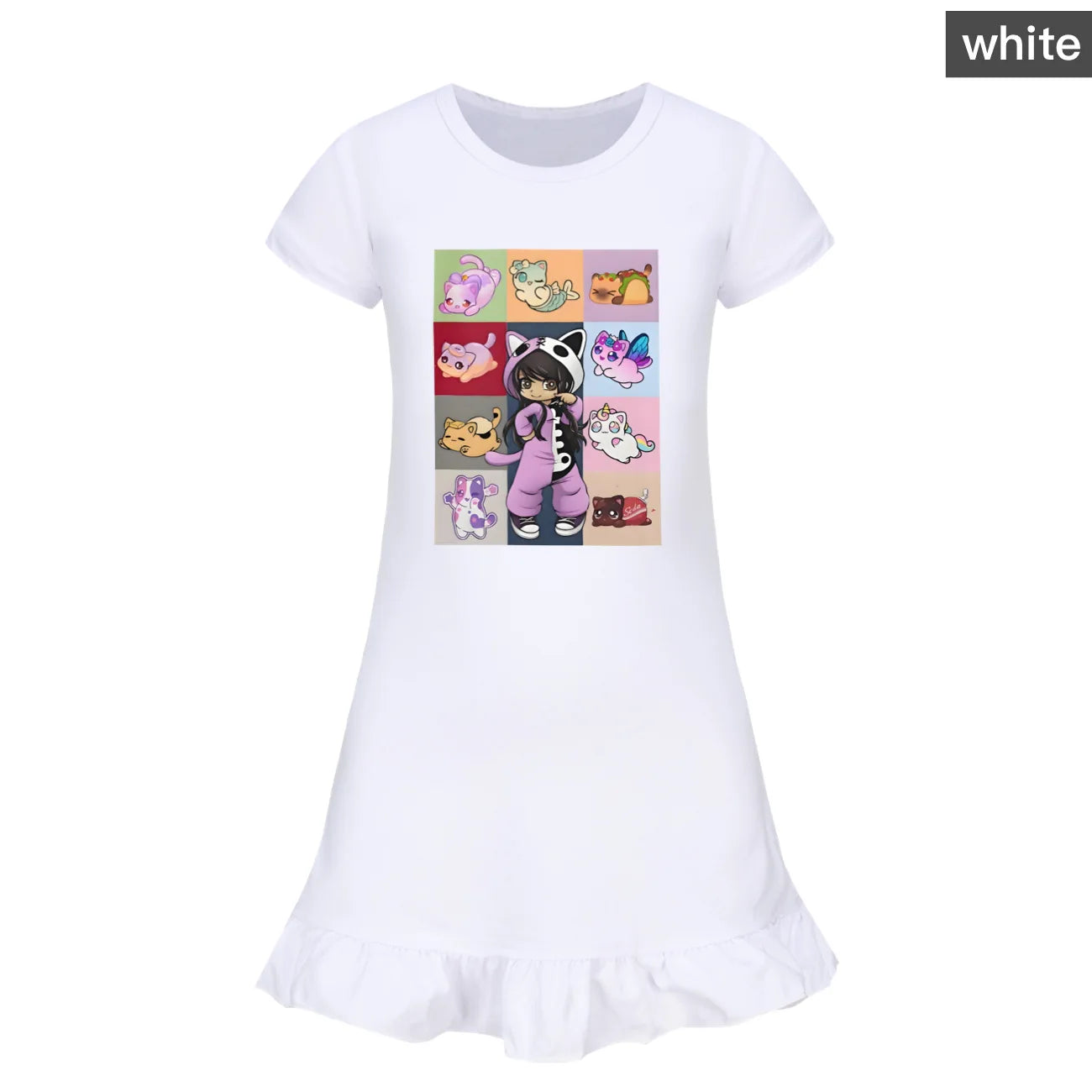 Kids Anime Aphmau Cat Summer Sleepdress Short Sleeve Baby Girls Casual Cartoon Nightgown Daily Wear Clothes for Children