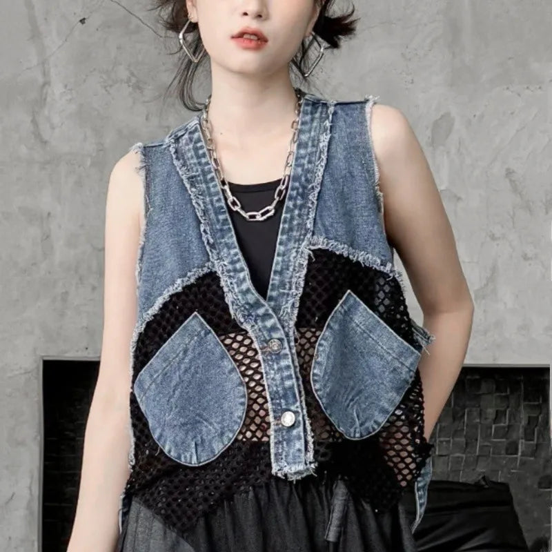 Grid Stitching V-Neck Denim Vest Women's Summer Fried Street Fashion Loose Burrs Short Sleeveless Vests Jackets Female