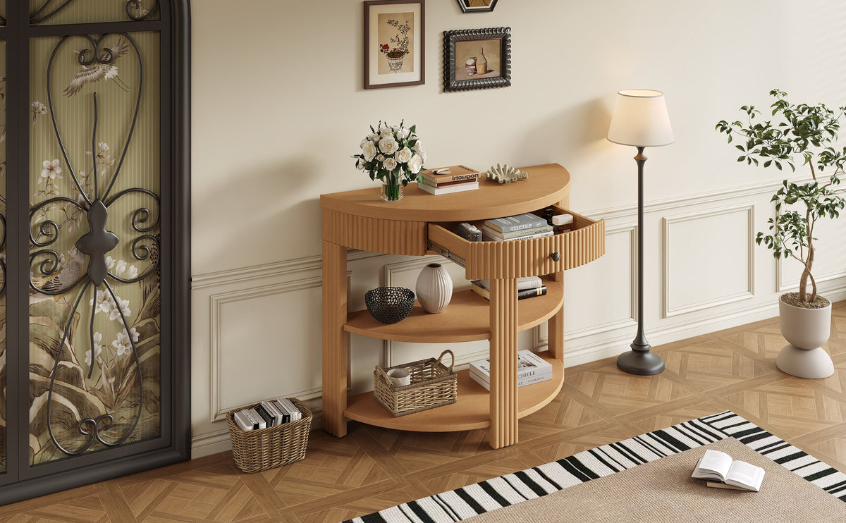 Fluted Half Moon Console Table with Drawer and 2 Shelves for Entryway,