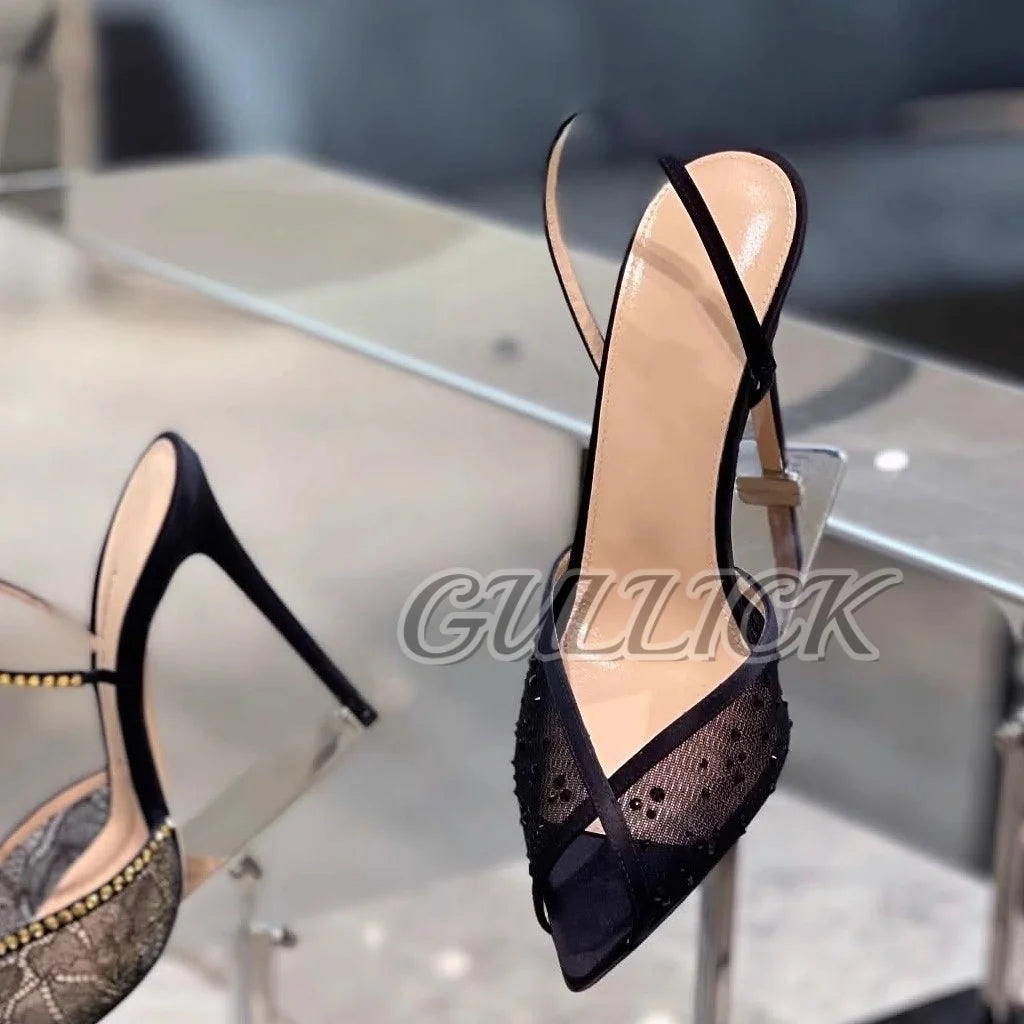 Rhinestones Heeled Sandals Pointed Toe High Heels Air Mesh Slip On Pull On Shoes Women Luxury Designer Slingback Sandalias 2025