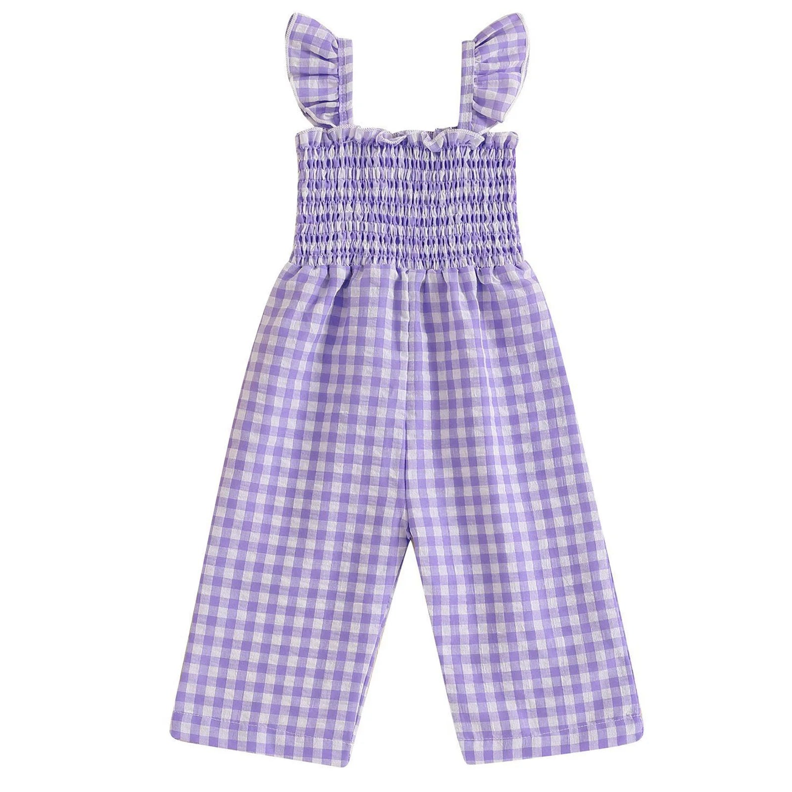 Toddler Baby Girls Summer Clothes Sweet Plaid Bodysuit Fly Sleeves Smocked Rompers Wide Leg Jumpsuit Holiday Party Daily Wear