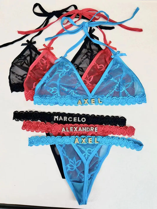 Custom Lingerie Set Name Thongs Bra Personalized Panties Bra Set With Name DIY Letter Charm Bikini Set Lace For Women Sexy Gift