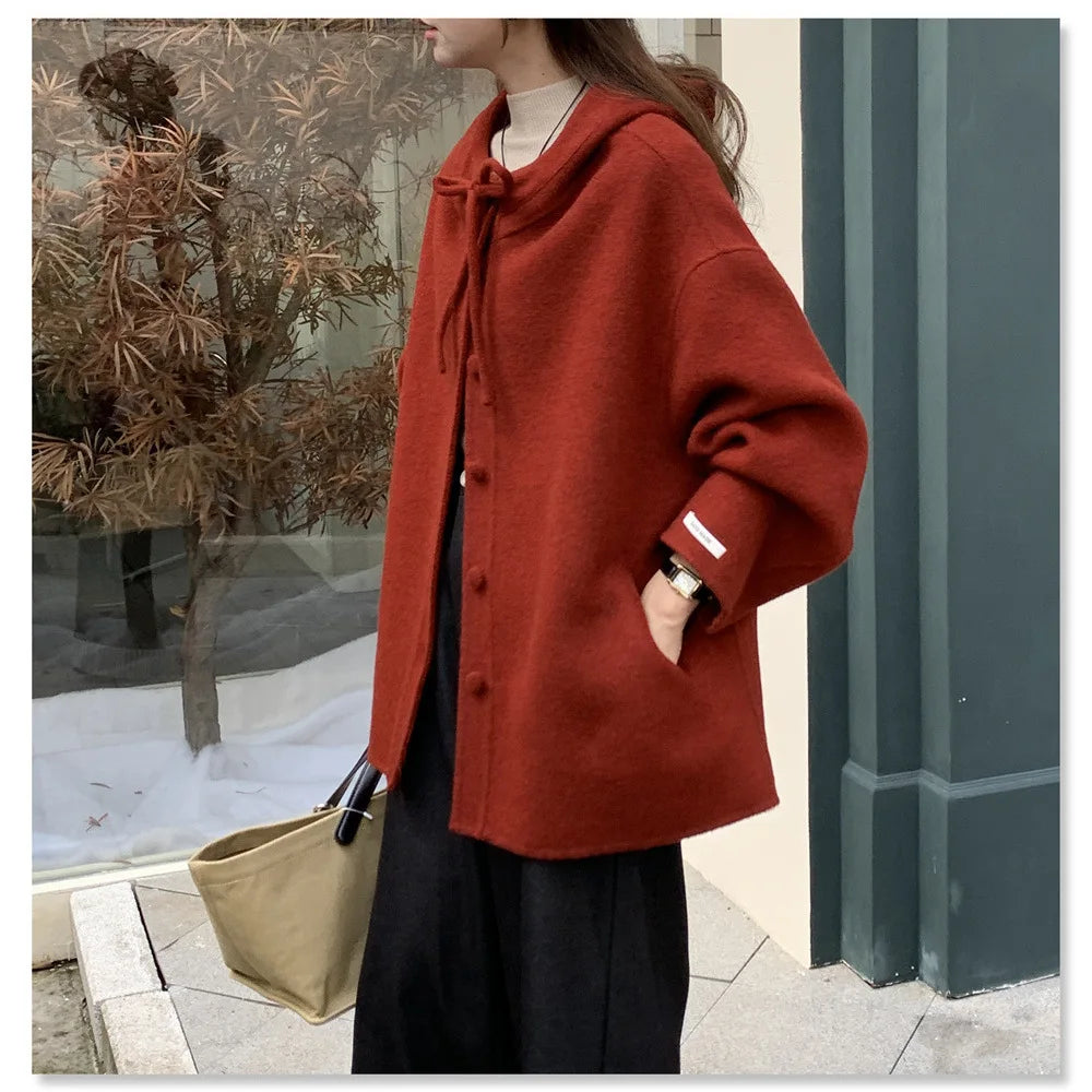 UMI MAO Woolen Coat Women Autumn Jacket New Double-Sided Wool Coat Bowknot Korean College Style Small Size Hooded Wool Coat