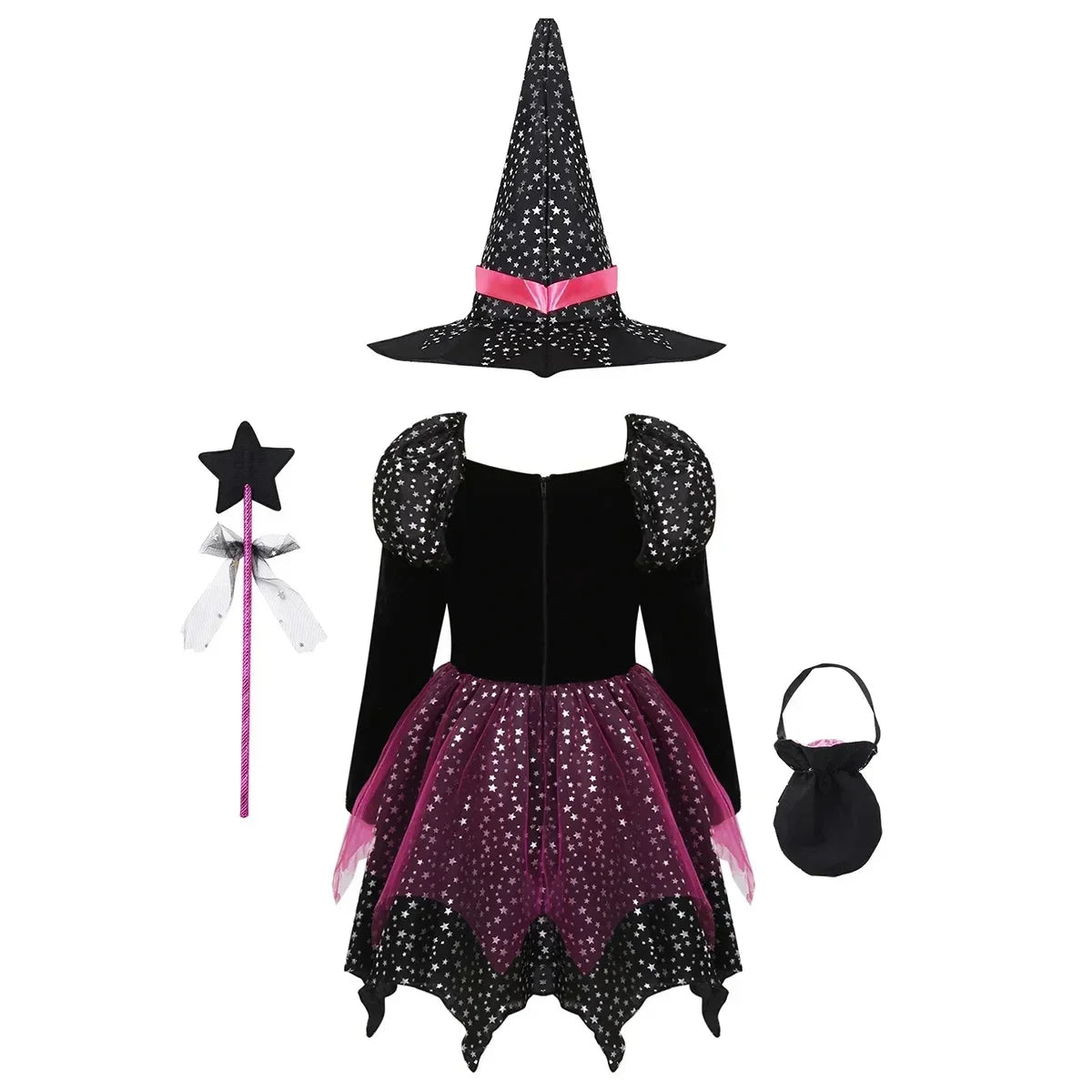 2025 Halloween Baby Girls Witch Dress+Hat+Wand+Candy Bag Costume for Kids Carnival Party Evil Witch Vestidos Set 2-12Yrs Clothes