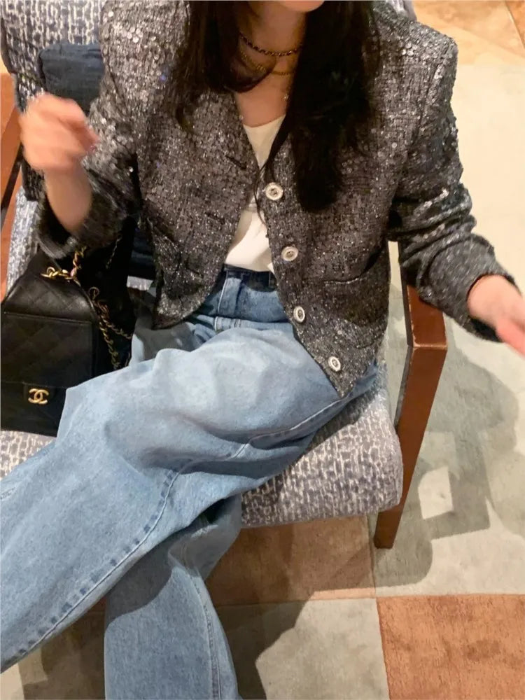 Autumn Sequin Jacket Coat Women Fashion Long Sleeve Ladies Jackets Coats Casual Cropped Jacket Woman Coat 2025