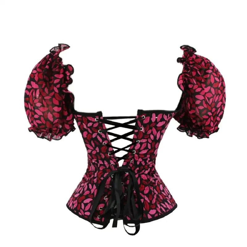 Sexy Women Off Shoulder Corset with Floral Lace Sleeve Lace Up Bustier Fishbone Overbust Corset Bodyshaper Lingerie Top