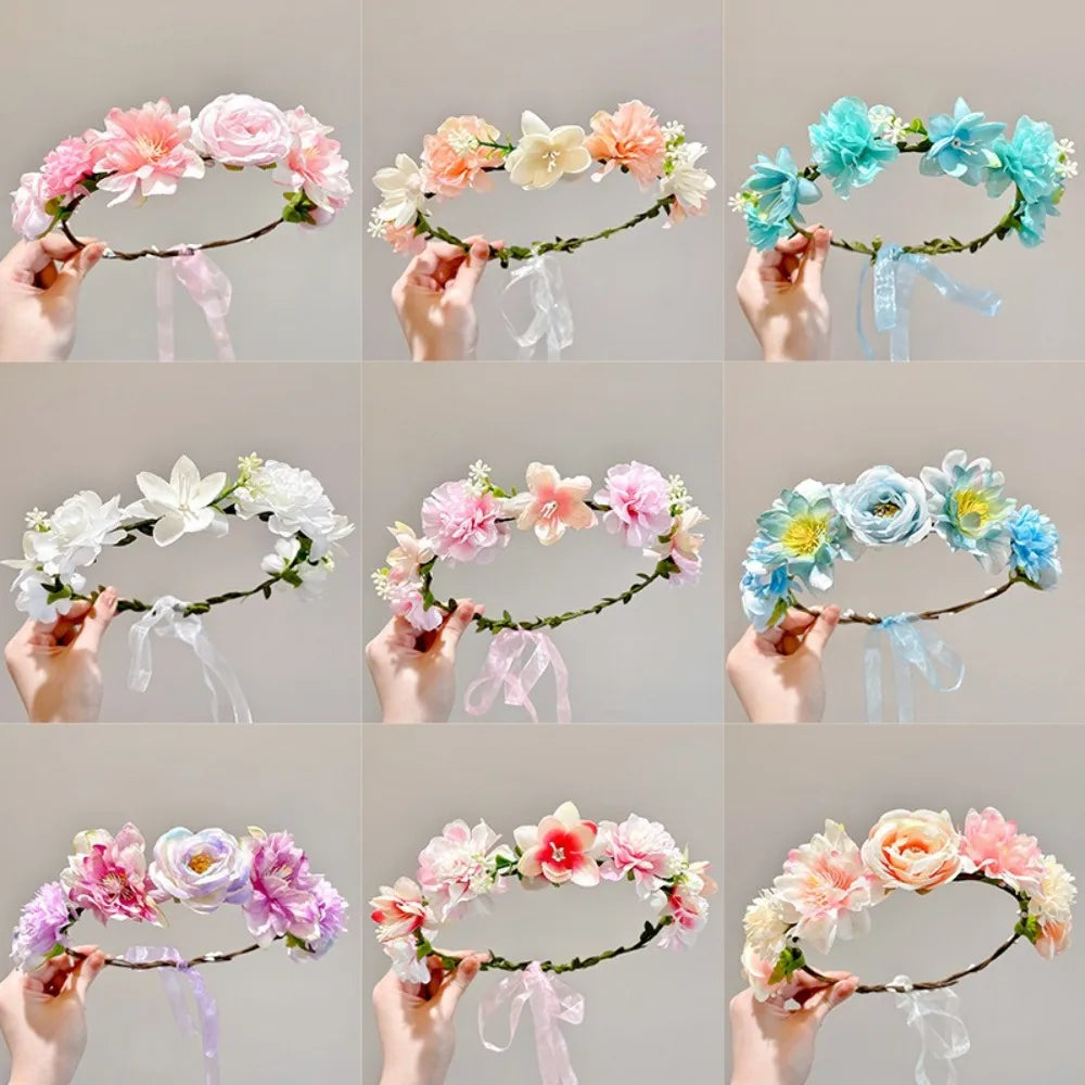 Fascinating Y2k Artificial Flower Fairy Flower Crown with Ribbon Headpiece Flower Headbands Bride Wedding Braided Wreath Women
