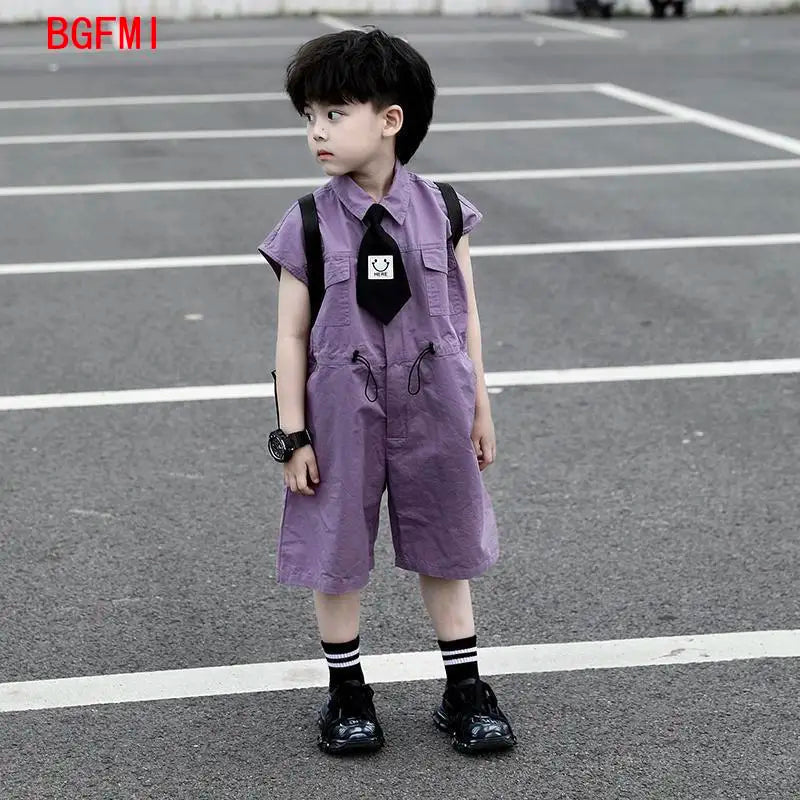 Kids Summer Shorts Overalls Capri Boys Purple Pants and Tie Clothes Boy Baby Jumpsuit 1-10Y Short Sleeved Children's Clothing