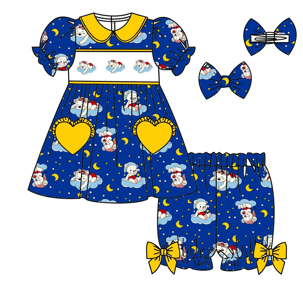 Hot selling boutique baby girl boy clothes blue short sleeve cute bear print shorts pajamas set two piece set