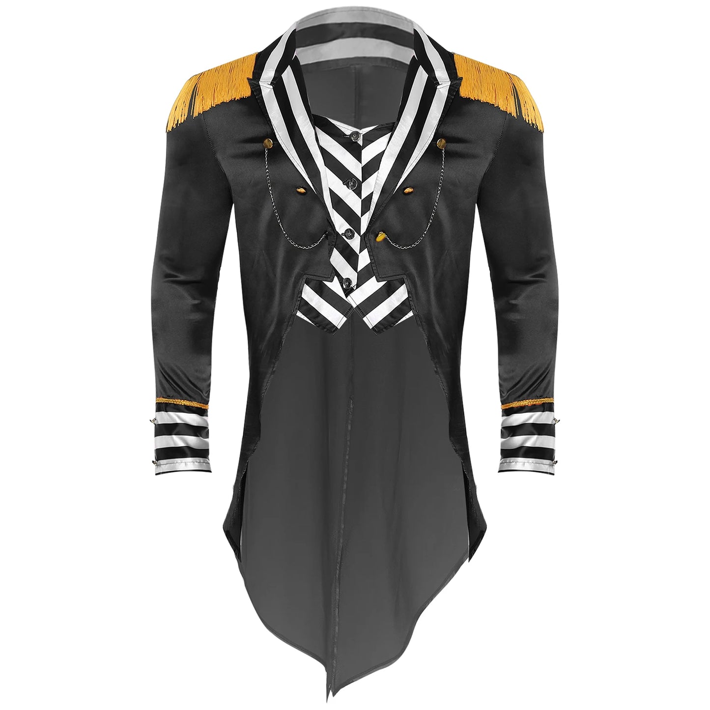 Men Circus Ringmaster Costume Halloween Lion Tamer Tailcoat Lapel Collar Long Sleeves Tassel Epaulets Satin Jacket Tail Coats
